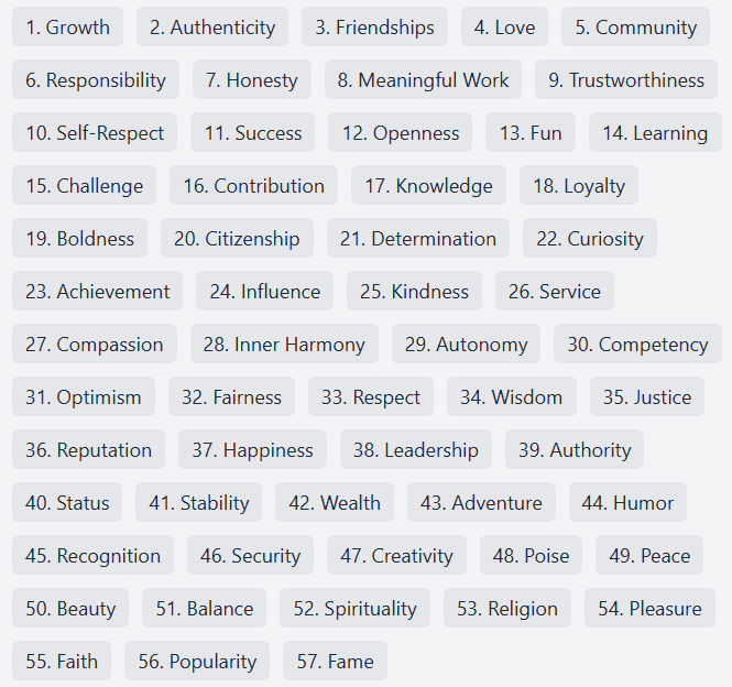 Value ranking results showing Growth at #1, Fun at #2, then Friendship, Love, Community, Meaningful Work, and Success
